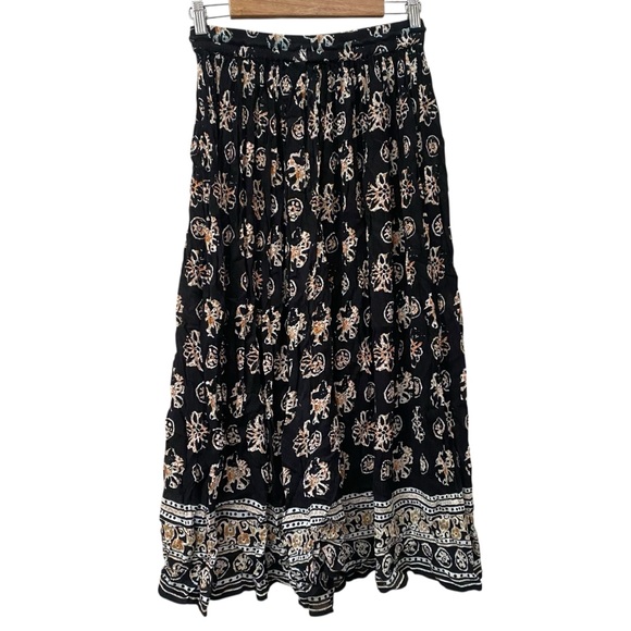 Vintage 90s Flowy Black Orange Maxi Skirt S M - Picture 5 of 6